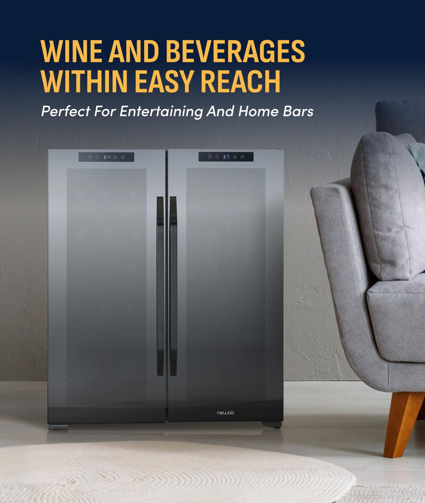 NewAir 27" Dual Zone Beverage Refrigerator & Wine Cooler for 18 Bottles & 59 Cans | Freestanding or Built-In Under Counter Mini Fridge for Beer, Wine and Soda | Black