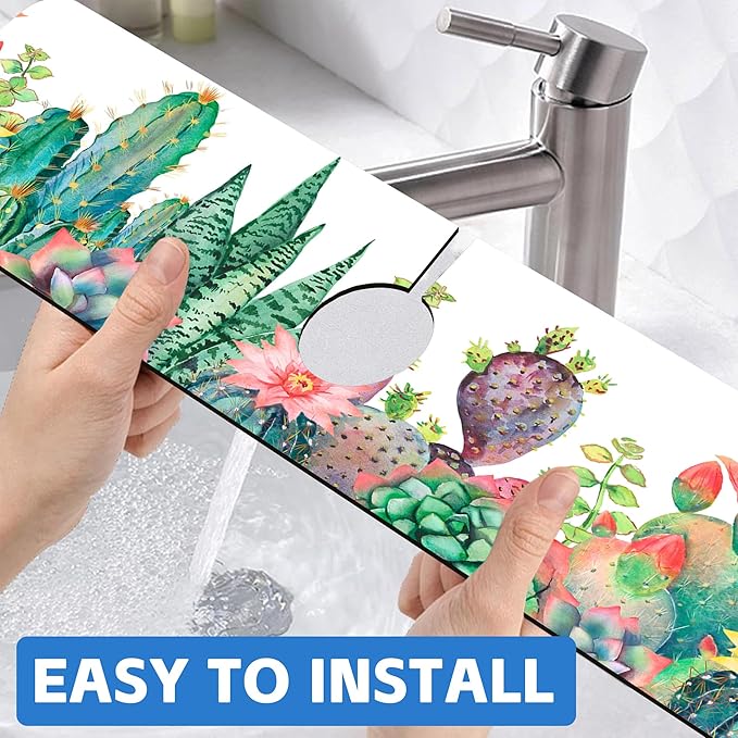 Watercolor Cactus Floral Sink Faucet Absorbing Mat Sink Splash Guard Faucet Mat