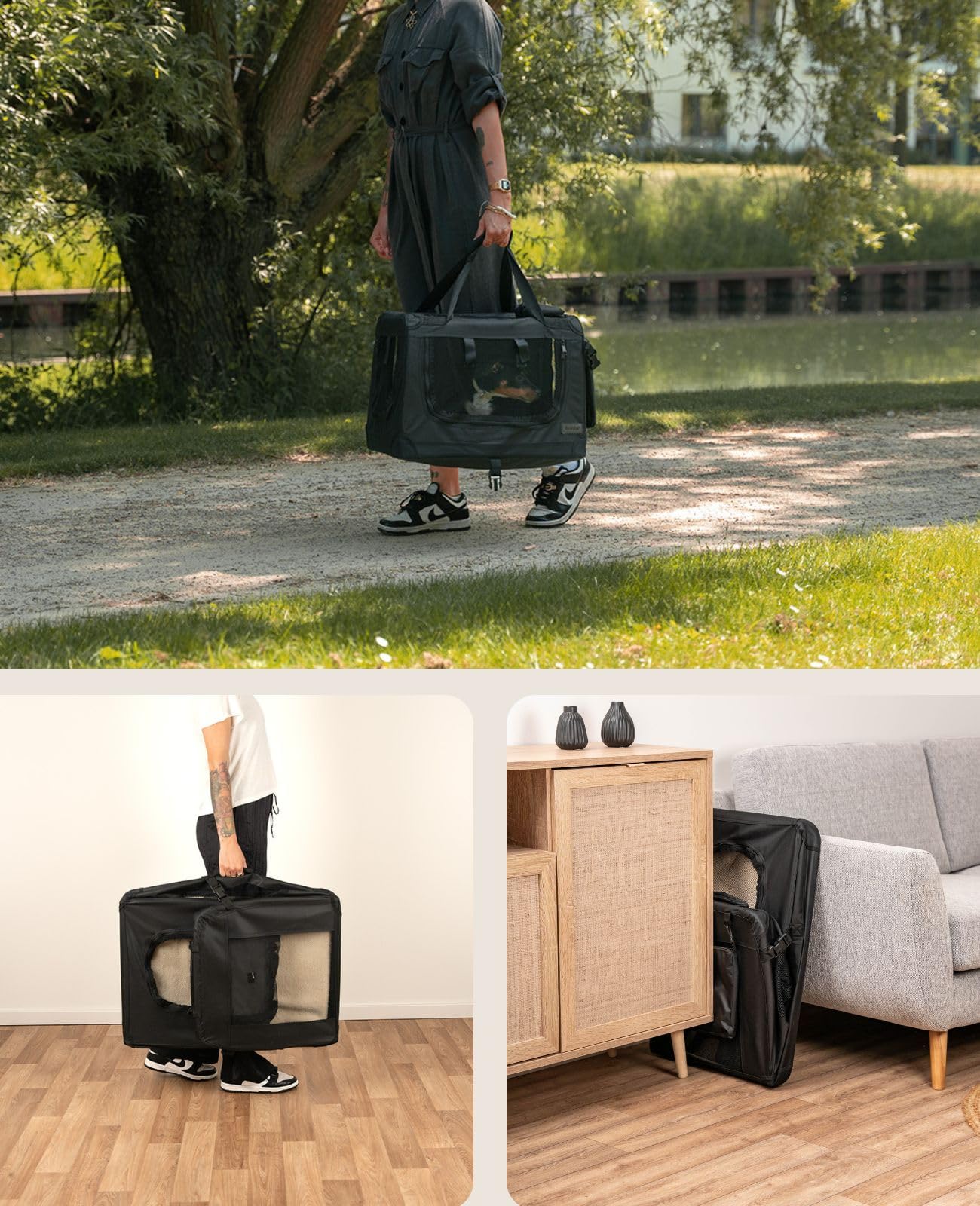 lionto Dog transport box foldable for travel & car, 60x42x44 cm, sturdy transport box with carrying handles & blanket for cats & dogs up to 12 kg, sturdy fabric dog box for small & large, black