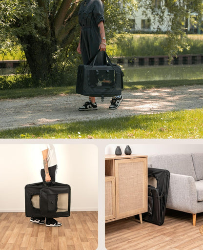lionto Dog transport box foldable for travel & car, 60x42x44 cm, sturdy transport box with carrying handles & blanket for cats & dogs up to 12 kg, sturdy fabric dog box for small & large, black