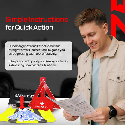 Safe Start Car Emergency Kit - Car Safety Kit with First Aid, Safety Hammer, Reflectors, Gloves, Ice Shovel - Compact Roadside Tool Kit for Repairs, Snow, Accidents - Protect Your Family on the Road
