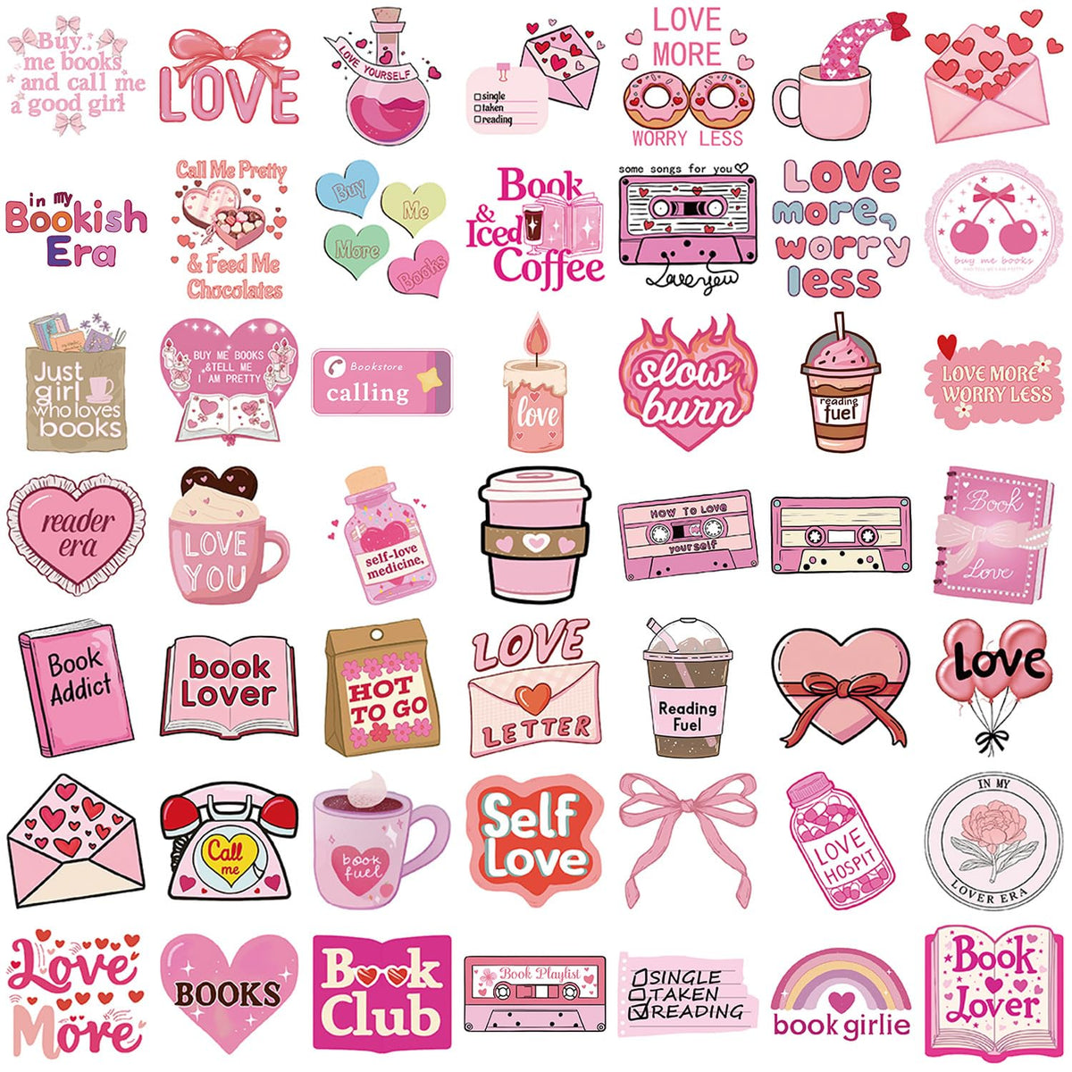 50Pcs Pink Love Stickers, Waterproof Heart Self Loves Sticker, Cute Scrapbook Aesthetic Reading Decals Book Lovers Gifts for Greeting Cards Laptops Phone Cases Tumblers Water Bottles Girls (Love)