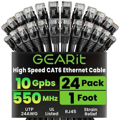 GEARit Cat 6 Ethernet Patch Cables 1 ft Black (Cat 6 Ethernet Cables 1 ft 24-Pack), CAT6 High Speed 24AWG 10Gbps RJ45 Snagless Gold-Plated, Ethernet Cable for Router, Switch, PC, PS5 Gaming, Server
