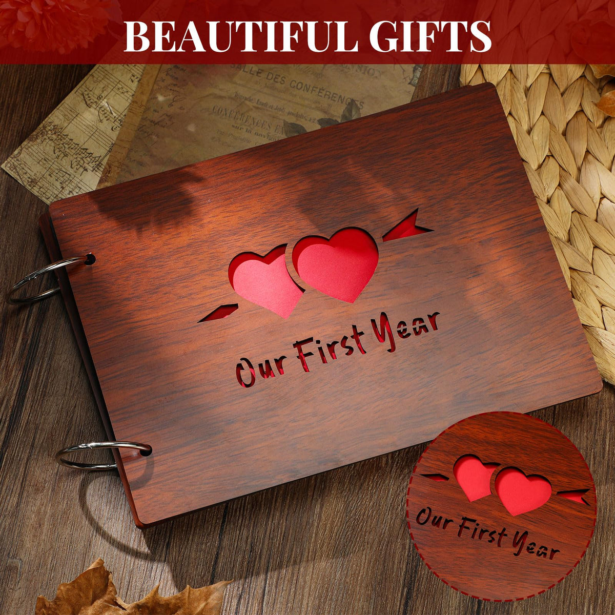 Cinnvoice Our First Year Scrapbook, 1-Year Down Photo Album for Couples Handmade DIY Memory Notebook Family Photo Album for Couples Husband Wife Memory Book(Our First Year-red)