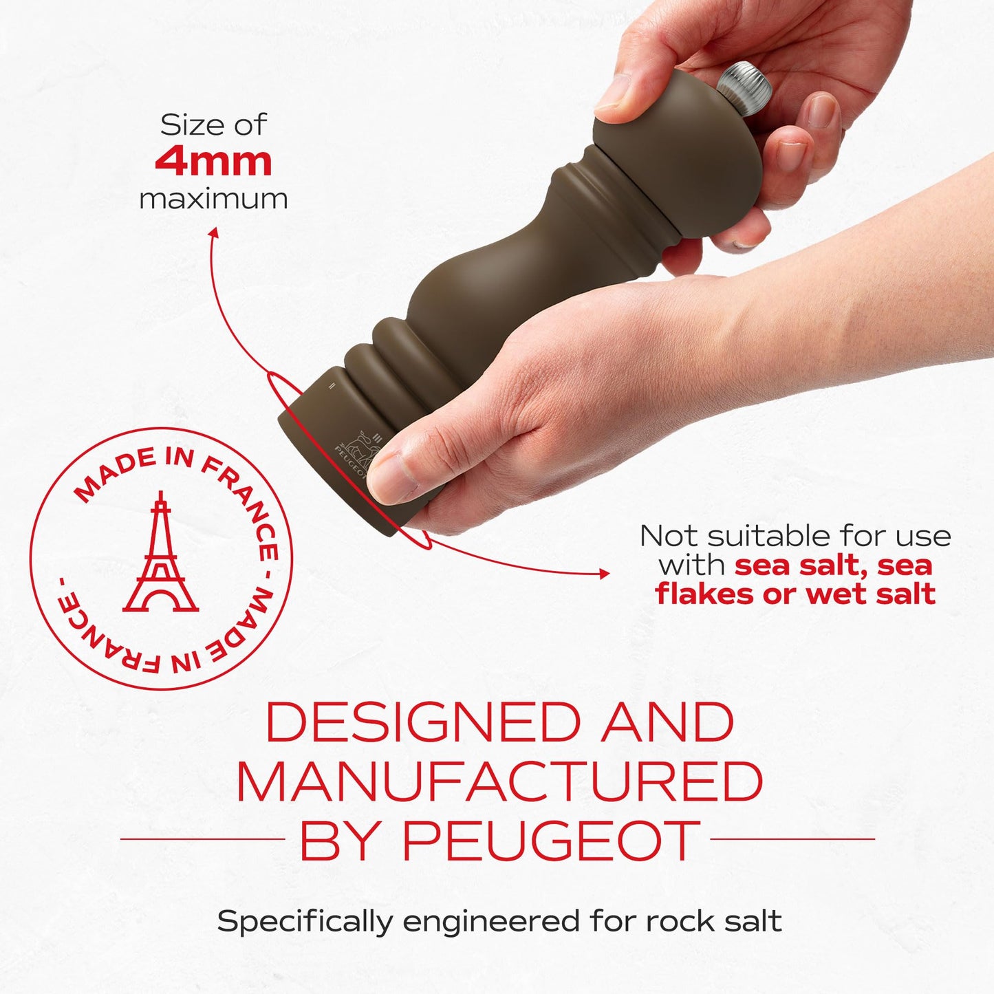 Peugeot Paris u'Select 7-inch Salt Mill - Manual Rock Salt Mill with Adjustable Precision Grinding, Stainless Steel & Beechwood, Sustainable & Elegant Kitchen Tool (Mocha)