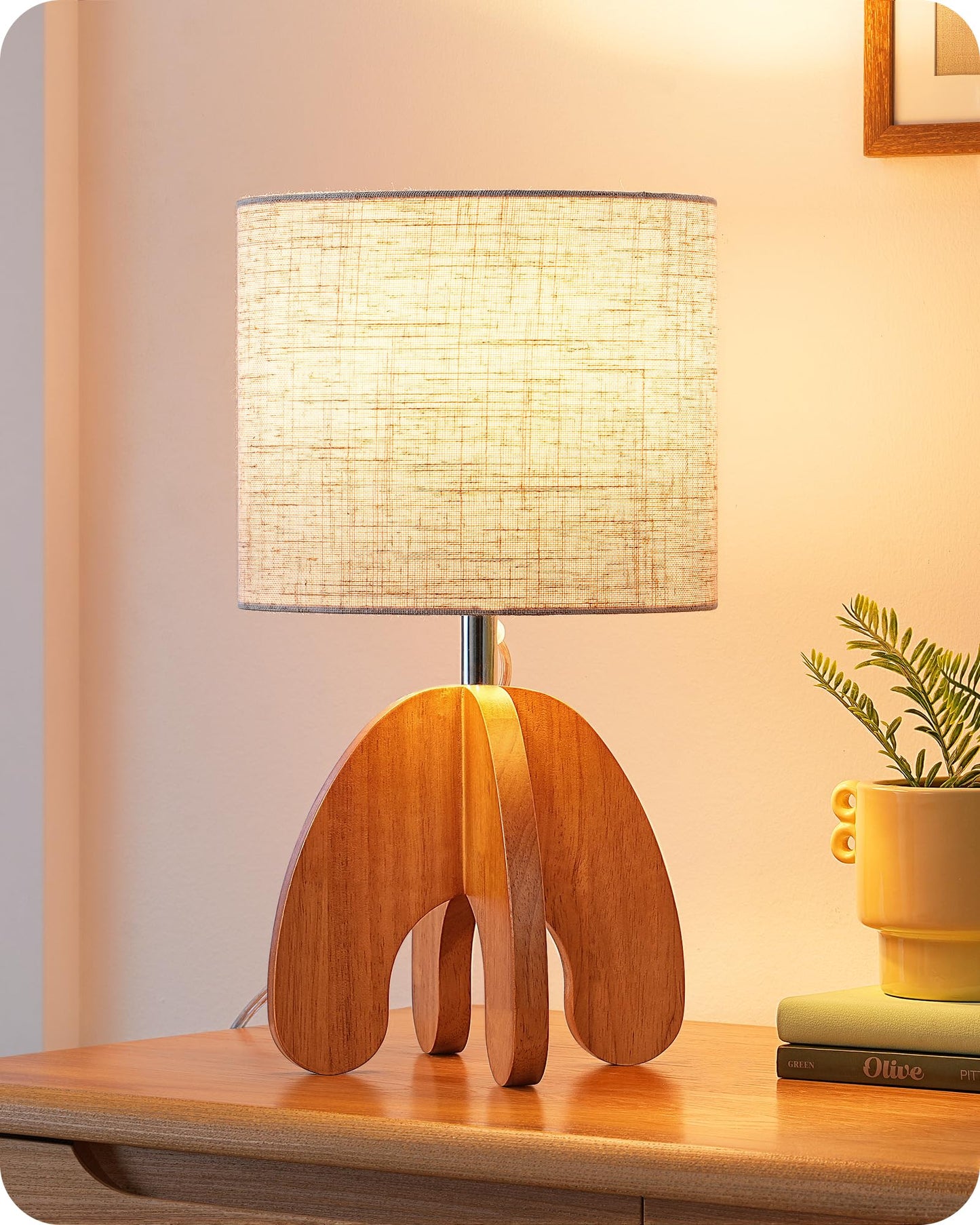 EDISHINE Wood Table Lamp, Small Nightstand Lamp with Beige Linen Lampshade, Integrated Four-Legged Wooden Base, End Bedside Lamp for Nursery, Bedroom, End Table, ON/Off Switch, E26, 14.17"