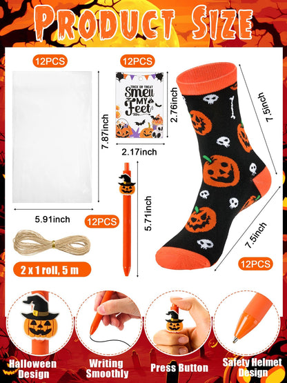 Chicingyou 12 Sets Halloween Socks and Pens Gifts Set Pumpkin Sock Halloween Ballpoint Pen Card Party Favor Bag for Holiday