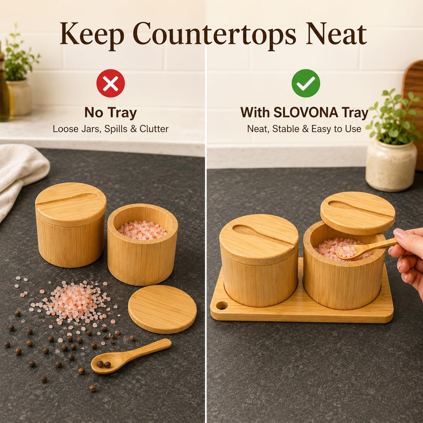 Bamboo Salt Cellar Set with Tray, 2 Salt and Pepper Cellar with Lids & Spoons, Magnetic Swivel Lid, 16 Labels, Spice Containers for Salt, Pepper, Sugar, Spices, Kitchen Countertop Organizer, 9 OZ Each