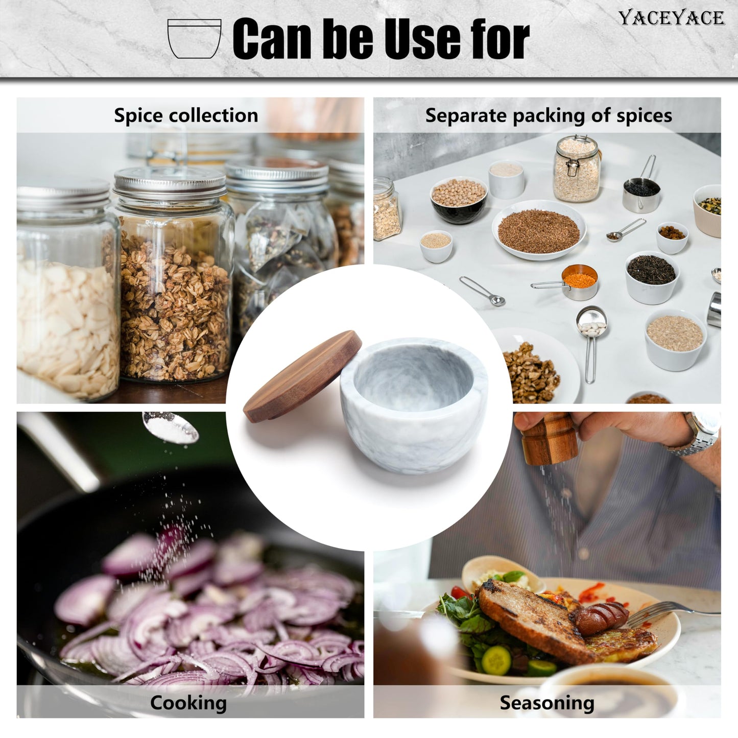 YACEYACE White Modern Marble Salt Bowl, 4oz Small Salt Cellar with Acacia Wood Lid, Elegant White Salt Spice Seasoning Bowl, Container Jar Holder