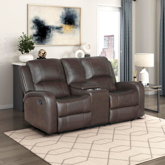 Lexicon Manual Double Reclining Loveseat with Center Console, Top Grain Leather Match Wall Hugger Recliner Loveseat, Storage, Cup Holders, High Density Foam Over Pocket Coils, for Living Room, Brown