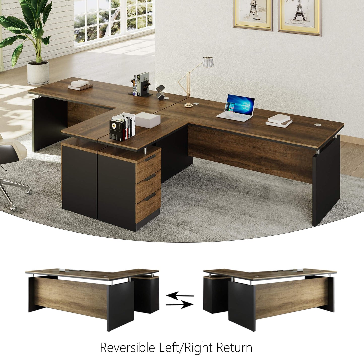 63 Inch L-Shaped Executive Desk Set of 2, Industrial Modern Wood Office Desk with 3 Drawers, Built-in Cable Management & Power Outlet, Real Wood Finish, Reversible Left/Right Return Home Workstation