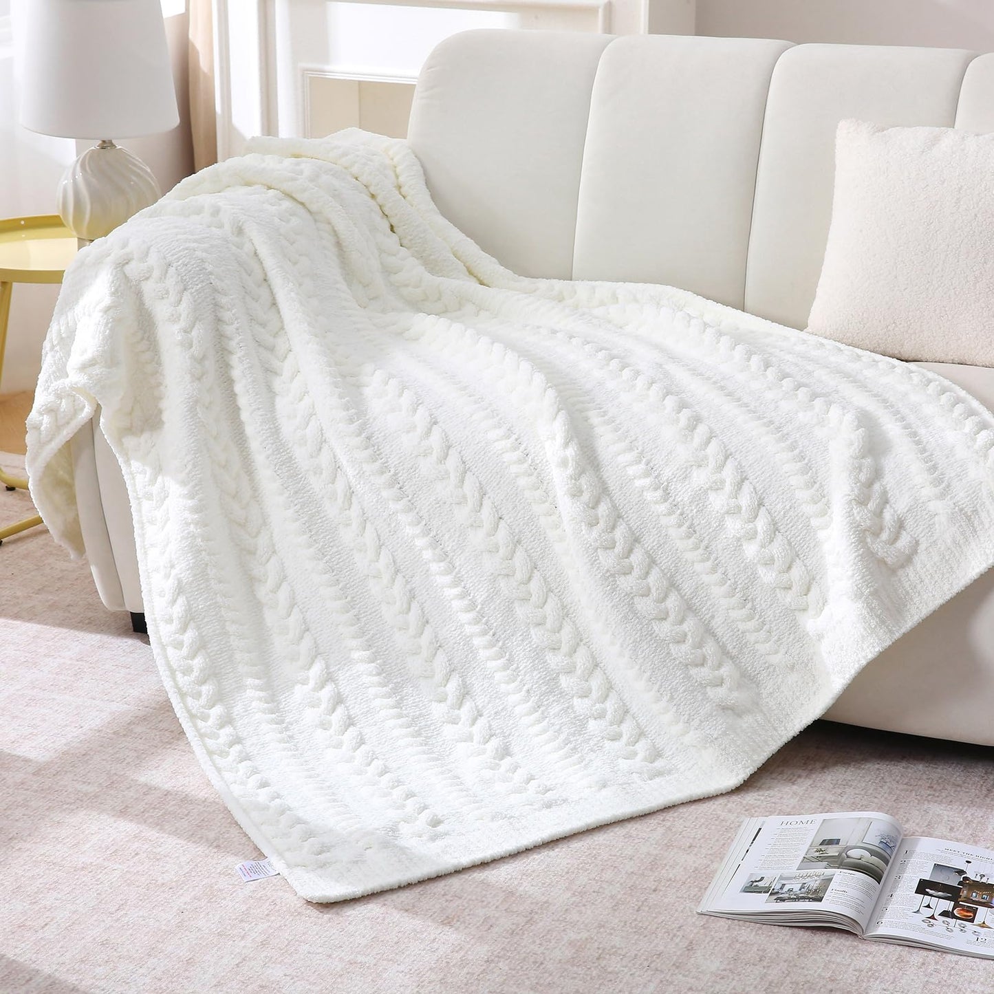 FULFCLVR Cable Knit Throw Blanket 50x60 Inches - Chunky Knit Chenille Blanket for Couch, Bed | Warm & Cozy Winter Blanket for Living Room, Farmhouse Home Decor | Off White