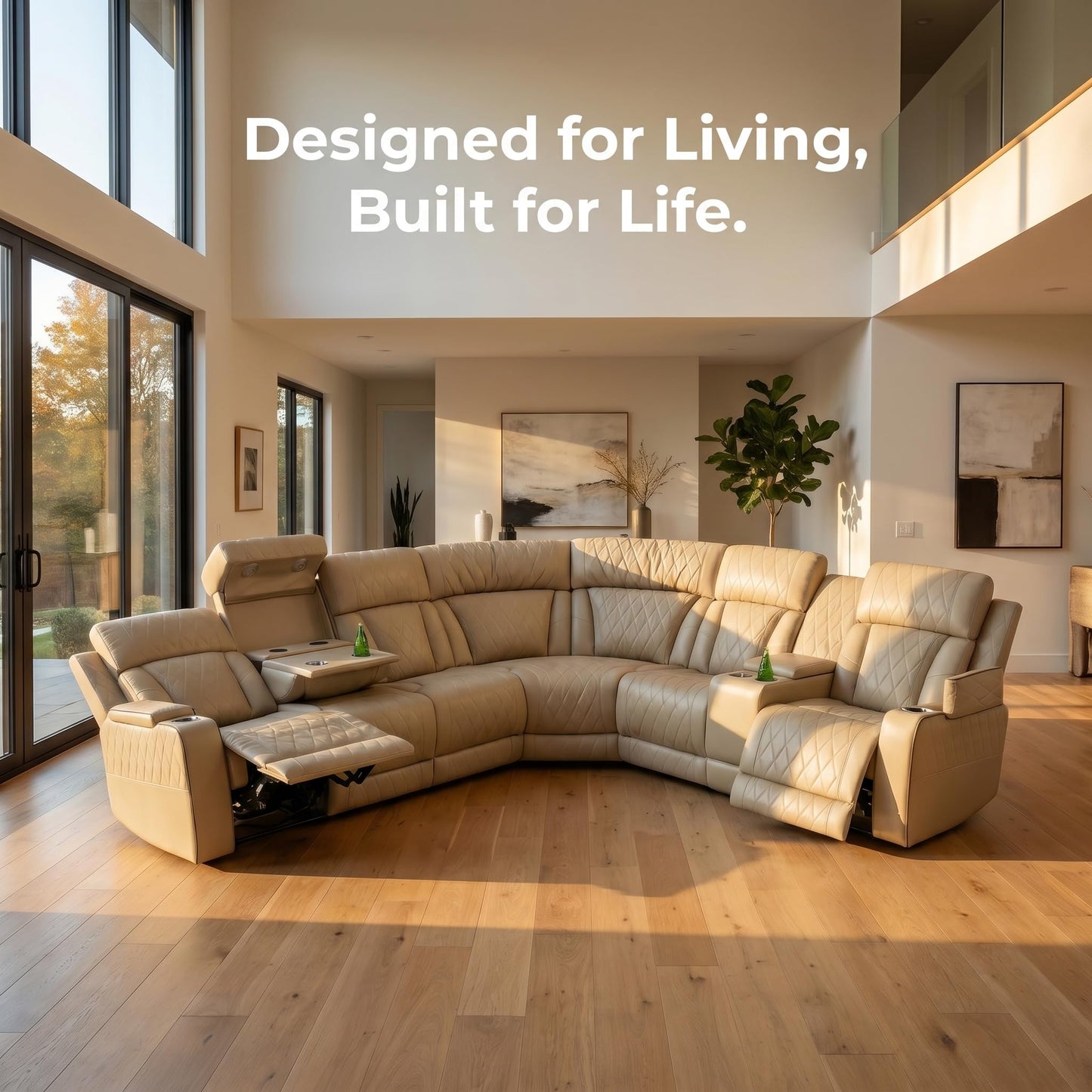 Trygoal Power Reclining Sectional Sofa Set, L-Shaped Leather Sectional Couches for Living Room, Home Theater Seating with Cup Holder, Modern Power Recliner Sofa Sets with LED Lights, Off-White