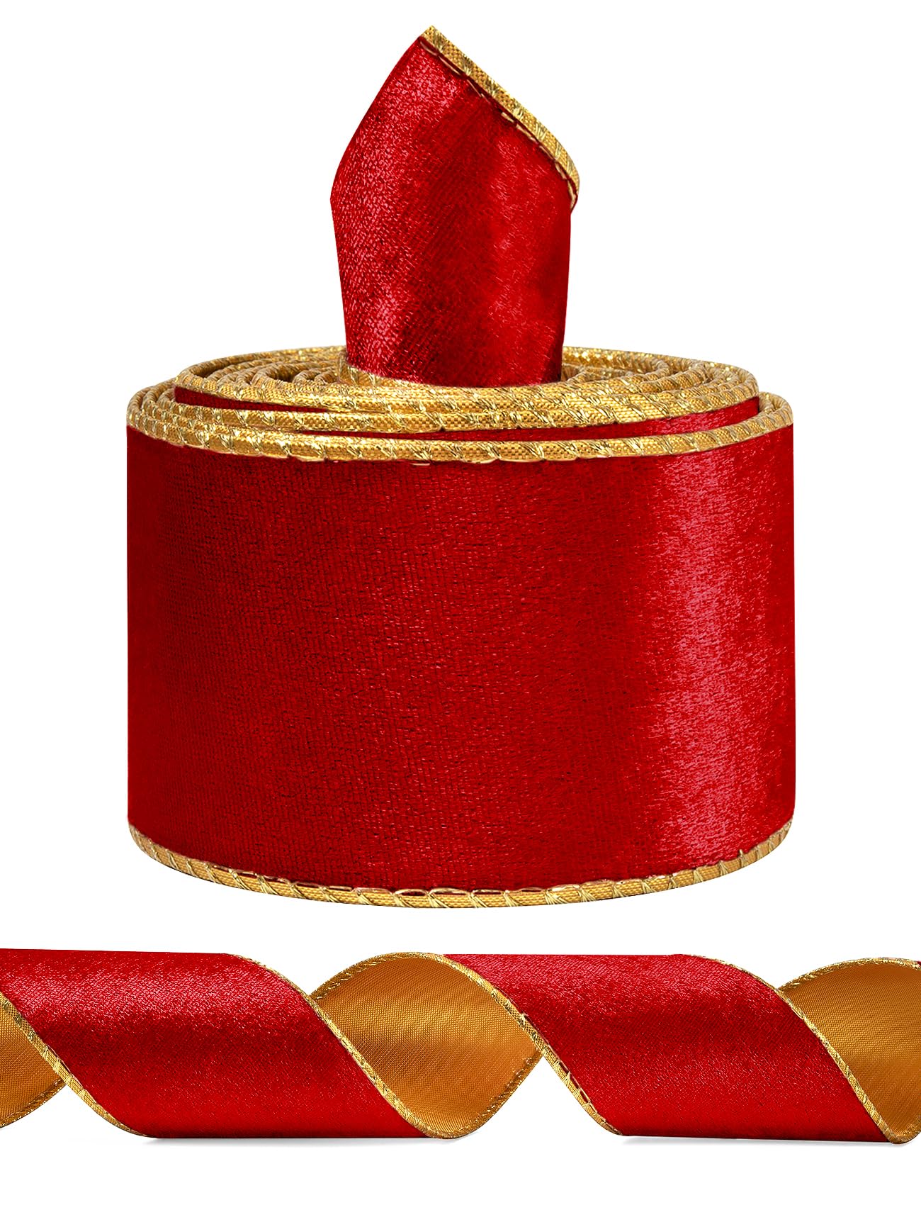 Red Wide Velvet Ribbon Wired for Christmas Tree, Garland, Wreath, 2.5 Inch 5 Yards
