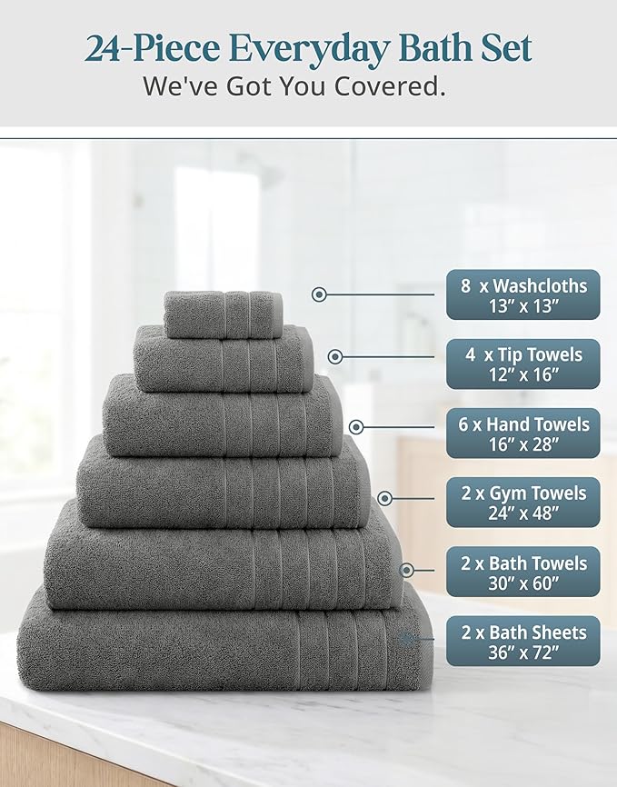 100% Cotton Bath Towels Set of 24 – 2 Bath Sheets, 2 Large Bath Towel, 2 Gym