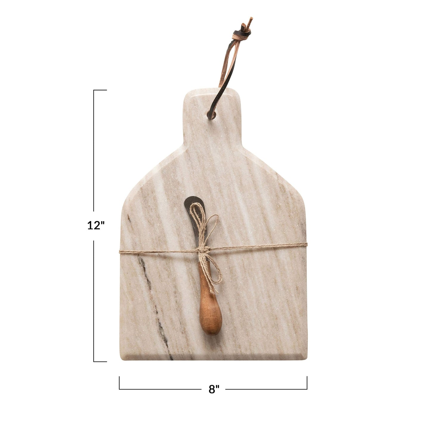 Creative Co-Op Marble Cheese and Cutting Board with Handle, Leather Tie and Canape Knife, Buff, Set of 2