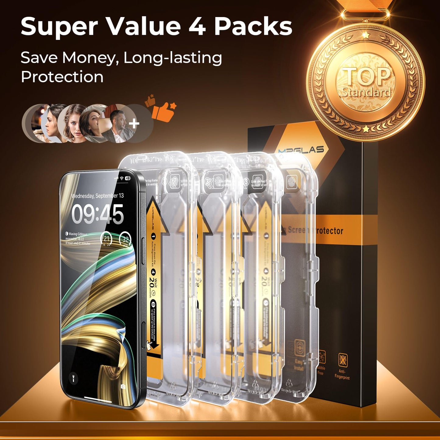 MRGLAS 4-Pack TOP 9H+ Glass for iPhone 16 Pro Screen Protector [Auto Alignment Kit] [10X Military Protection] UNBREAK Tempered Glass Flim for iPhone 16 Pro 6.3 inch Case-Friendly