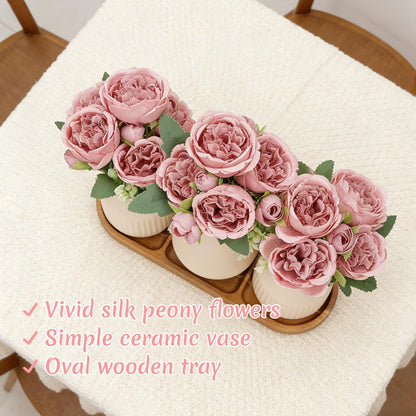 Nagobi Flower Table Centerpiece - Dining Table Centerpiece Decor Set of 3 Fake Peonies in Ceramic Vases & Wood Tray Modern for Kitchen Island Living Room Coffee Table Home Decor (Dusty Pink)