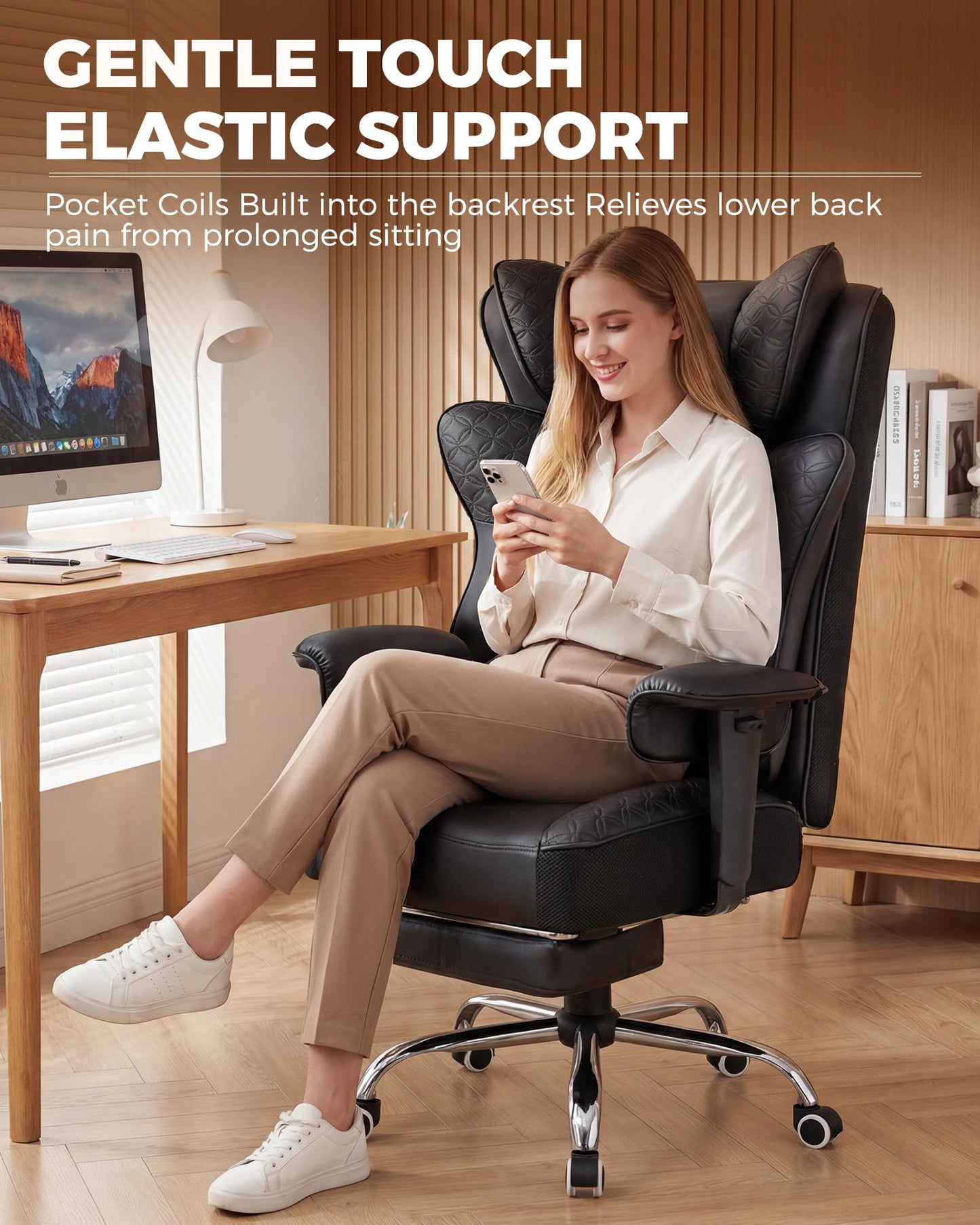 GTPLAYER Big and Tall Office Chair Wide Ergonomic Gaming Chair with Deluxe Embossing Designed Leather with Foot Rest,150°Reclining Adjustable Soft Armrests Pocket Spring Back Support and Pillow