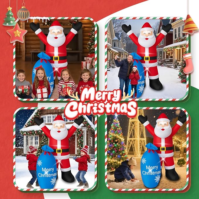 8Ft Christmas Decorations Outdoor Inflatables Giant Santa Claus Carrying a Blue Bag, Blow Up Built-in LED Lights for Party Outdoor Garden Indoor Yard Lawn