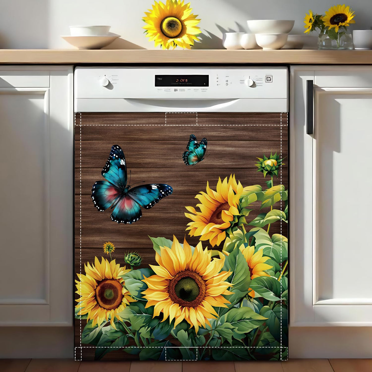 Sunflower Dishwasher Magnet Cover 23x26in Blue Butterfly Dishwasher Cover for Washers Fridge Panel, Floral Magnetic Covers for Kitchen, Machine Door Covers Decor, Spring Summer Kitchen Decor