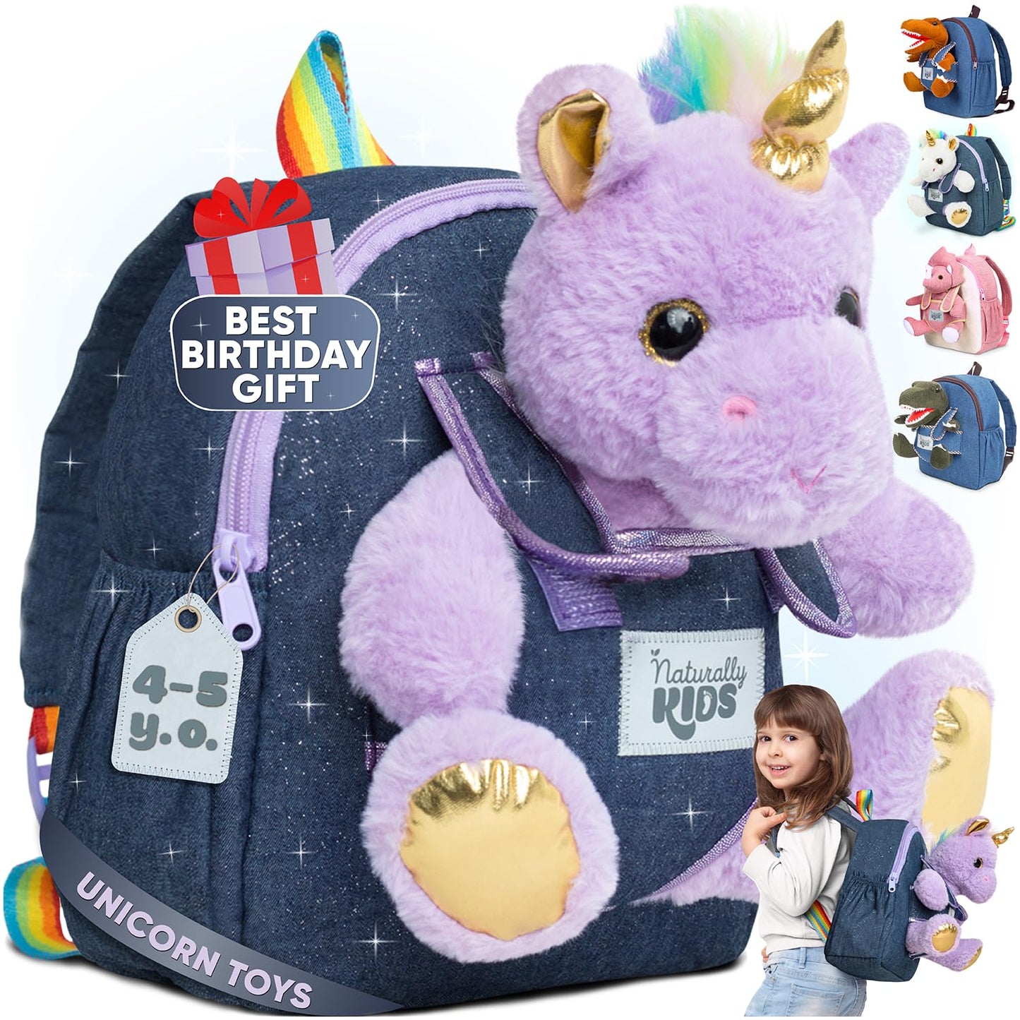Naturally KIDS Small Unicorn Backpack - 3-4 Year Old Girl Gifts - Toddler Backpack for Girl Boy w Stuffed Animal - Toys for 3 Year Old Girls - w Pockets & Reflective Logo - Backpack w Purple Unicorn