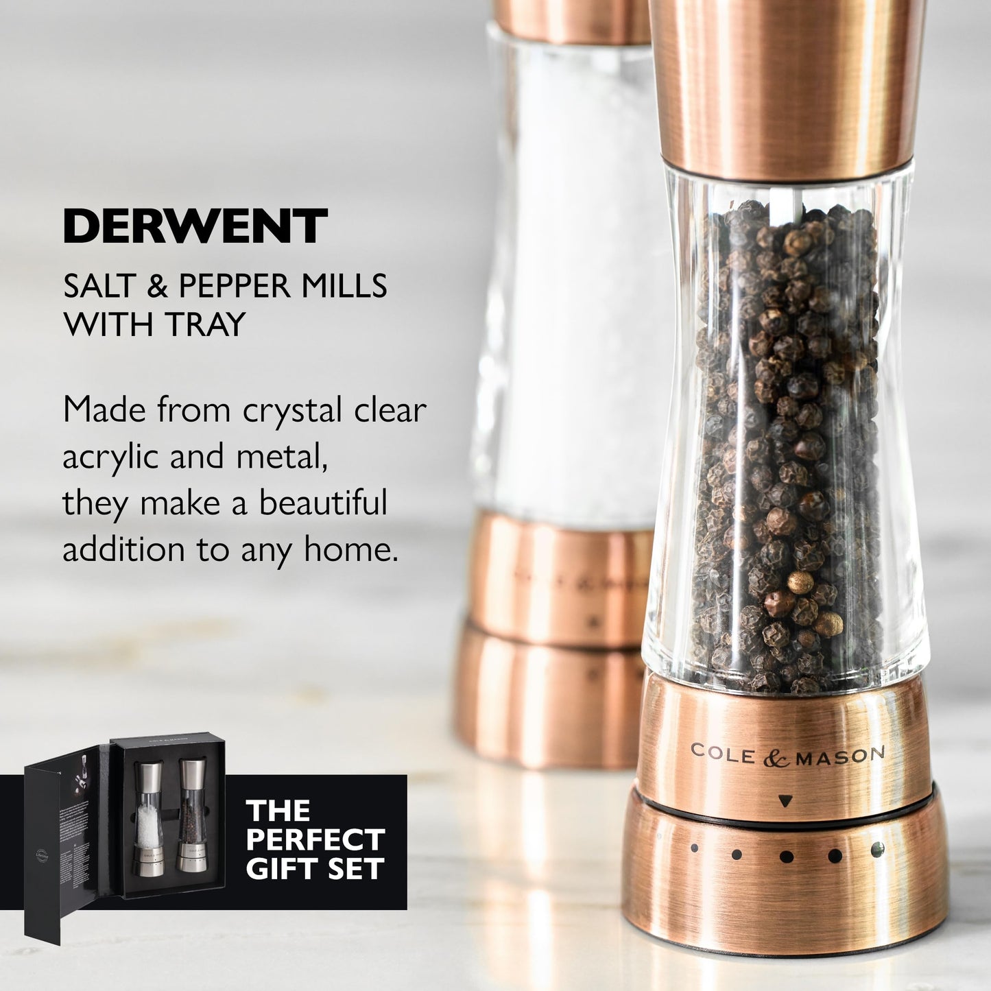 Cole & Mason Derwent Salt & Pepper Grinder Set - Salt & Pepper Grinder Set with Adjustable Grind Settings - Easily Refillable Spice Mills for Enhanced Taste - Copper with Stainless Steel Funnel