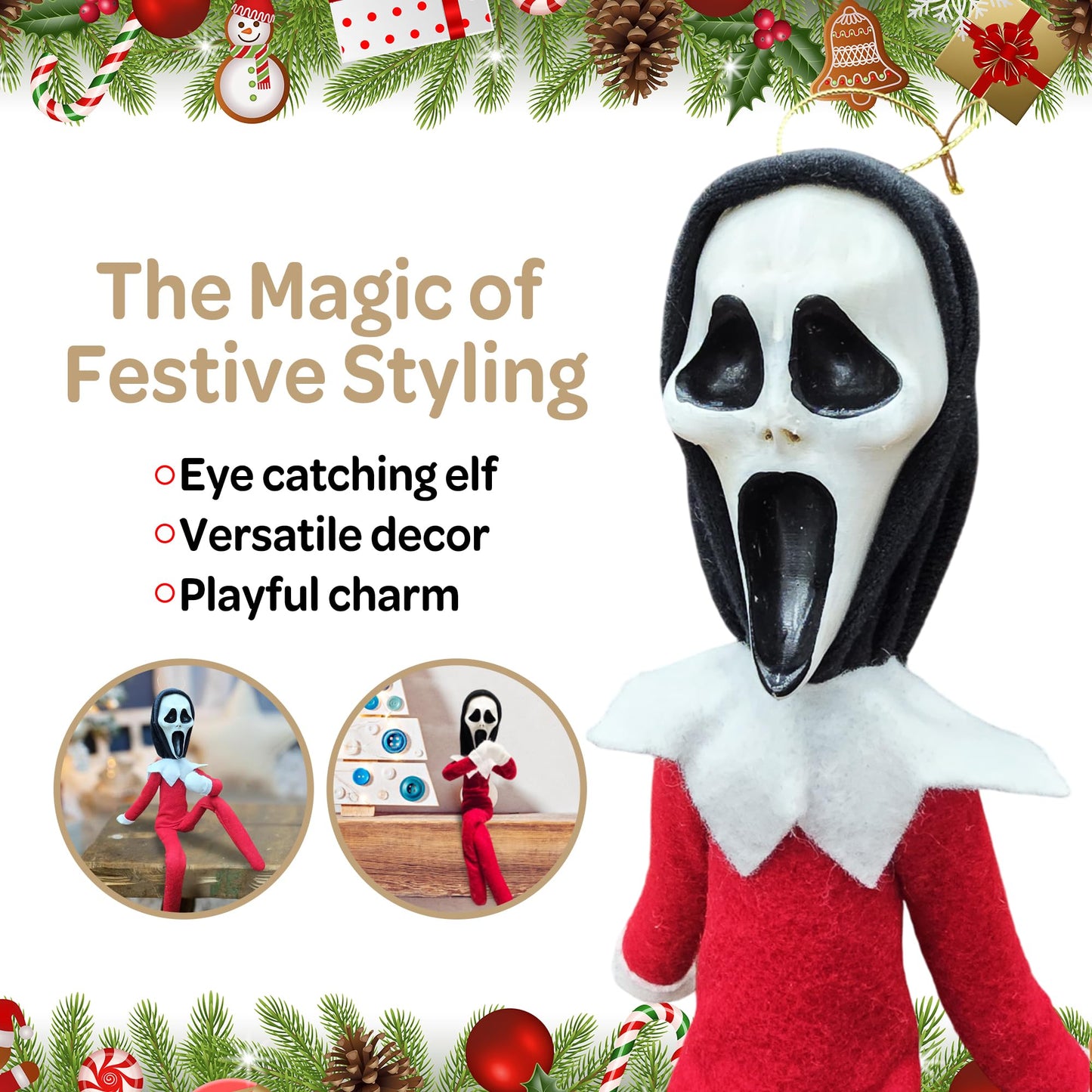 Party Monkeys Bend and Pose Creepy Ghost Masked Elf Decoration 35cm – Handmade Horror-Inspired Ornament for Christmas, Halloween & Holiday Party Décor – Spooky Collectible with Sinister Expression
