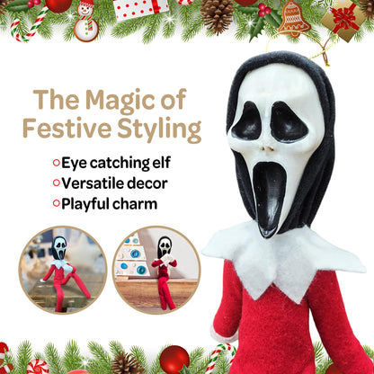 Party Monkeys Bend and Pose Creepy Ghost Masked Elf Decoration 35cm – Handmade Horror-Inspired Ornament for Christmas, Halloween & Holiday Party Décor – Spooky Collectible with Sinister Expression