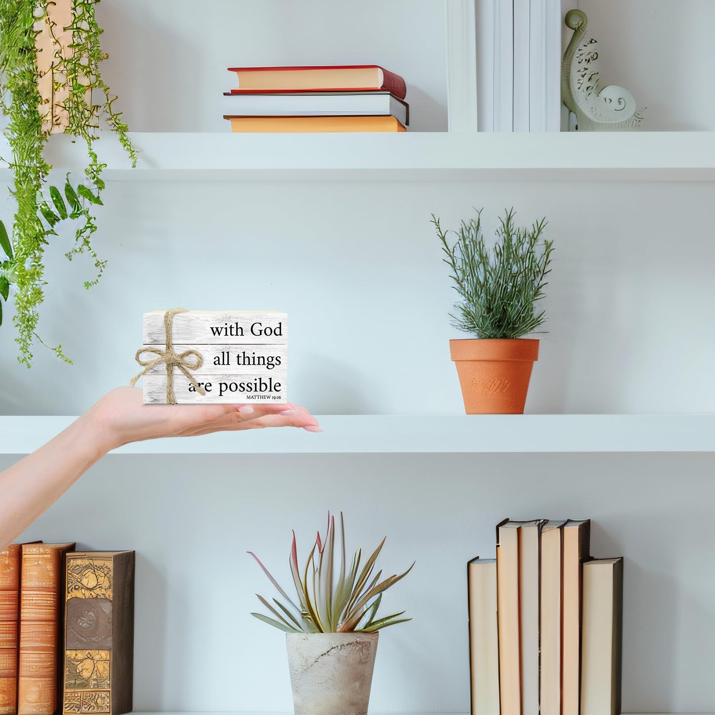 Mini Decorative Books For Home Decor, Small Christian Table Faux Wood Book Stack Decor, With God All Things Are Possible Bible Stacked Book Decor, Stack Display Book For Shelf, Three Pieces -A(02)
