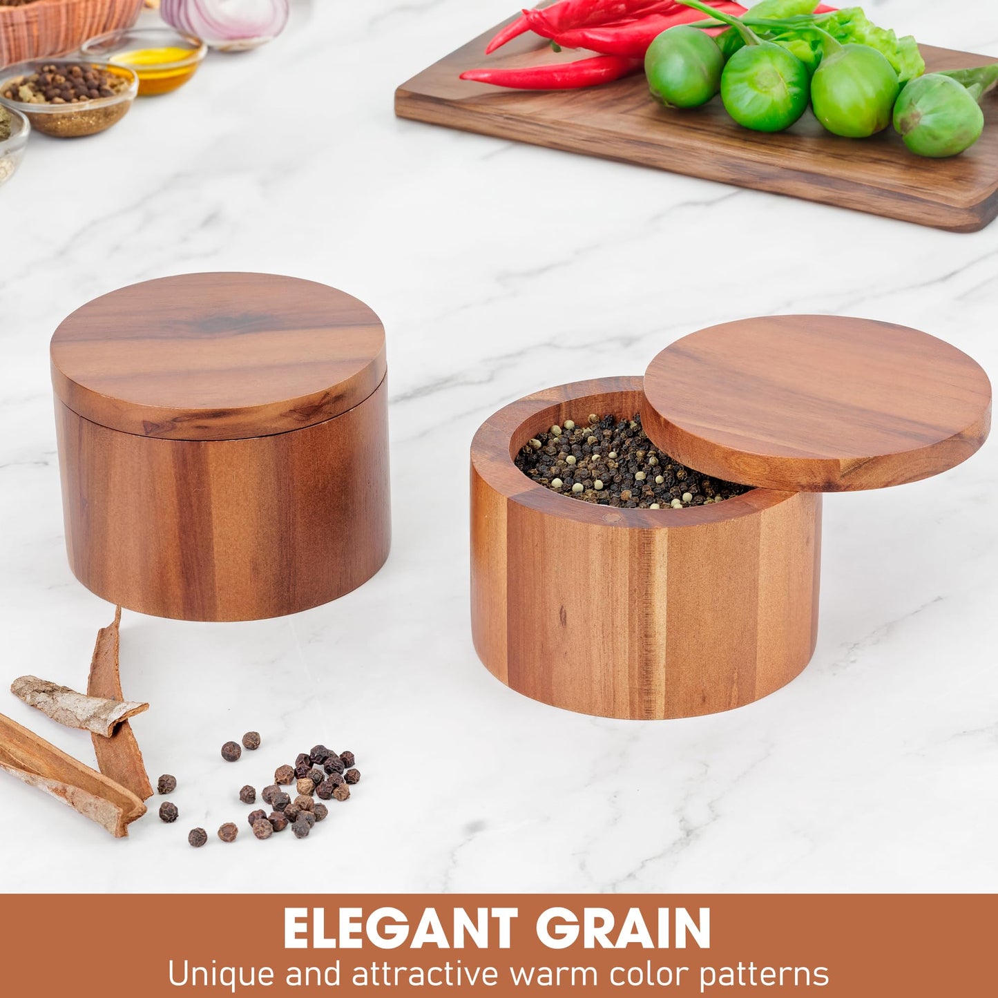 Demigo Acacia Salt Cellar 9 Ounces Capacity, Wood Salt Box With Swivel Cover, Spice Keeper, Wood Jar For Kitchen, Perfect For Keeping Table Salt, Gourmet Salts, Herbs or Favorite Seasonings