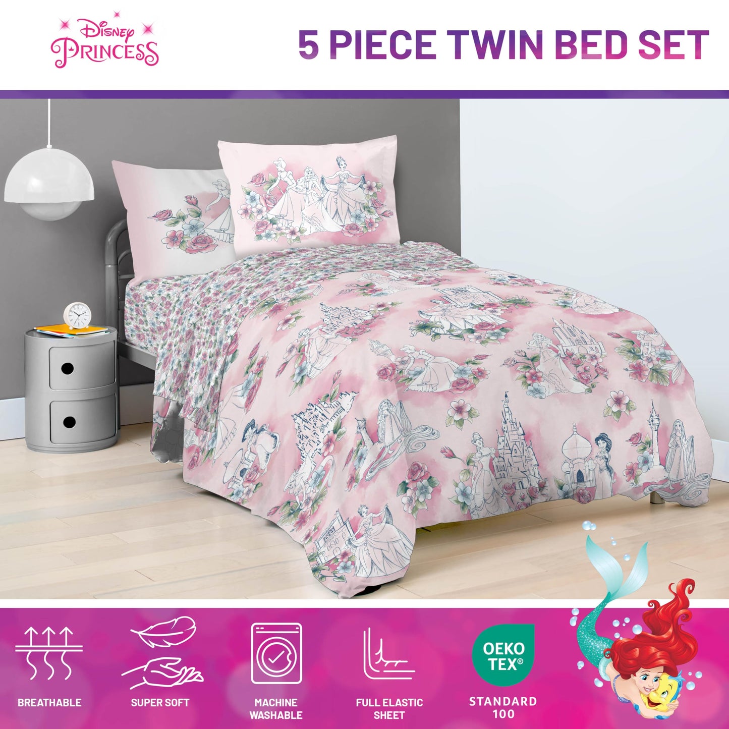 Jay Franco Kids Comforter Set Includes Sheets and Pillow Covers - Soft and Cozy Bed Set for Stylish Room Decor, Pink - Disney Princess, 5 Piece Twin Bedding