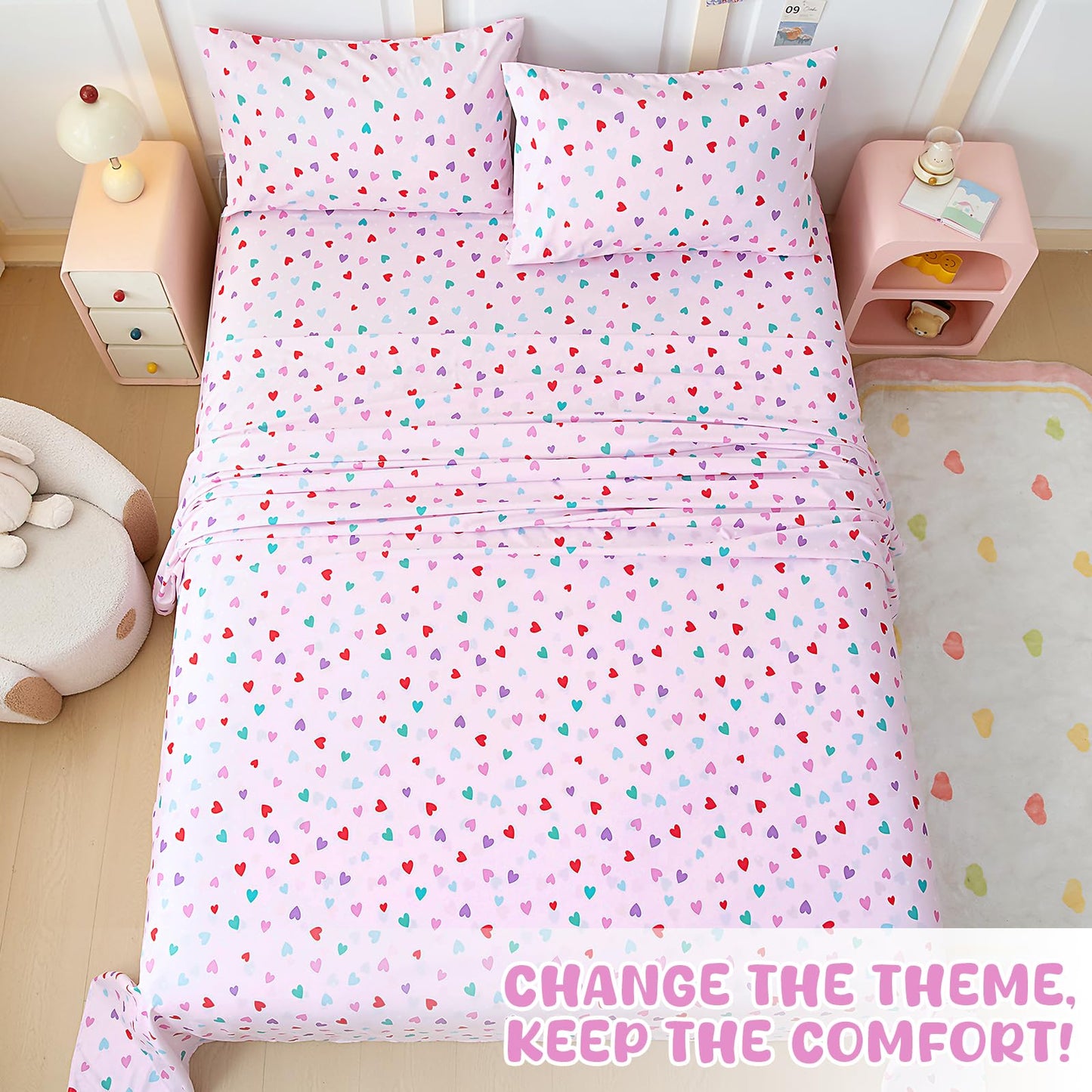 Swiftify Twin Sheets Set Kids for Boys & Girls, 3-Piece Bed Sheet Set for Toddler, Soft Brushed Microfiber Bedding, Deep Pocket, Wrinkle & Fade Resistant, Hearts