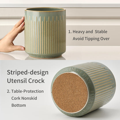 JIEMEI HOME Kitchen Utensil Holder, Ceramic Stable Utensil Crock for Countertop, 7.2" Large Utensil Organizer with Cork Mat, Removable Bamboo Divider for Kitchen Décor and Accessories, Wild Sage Earth