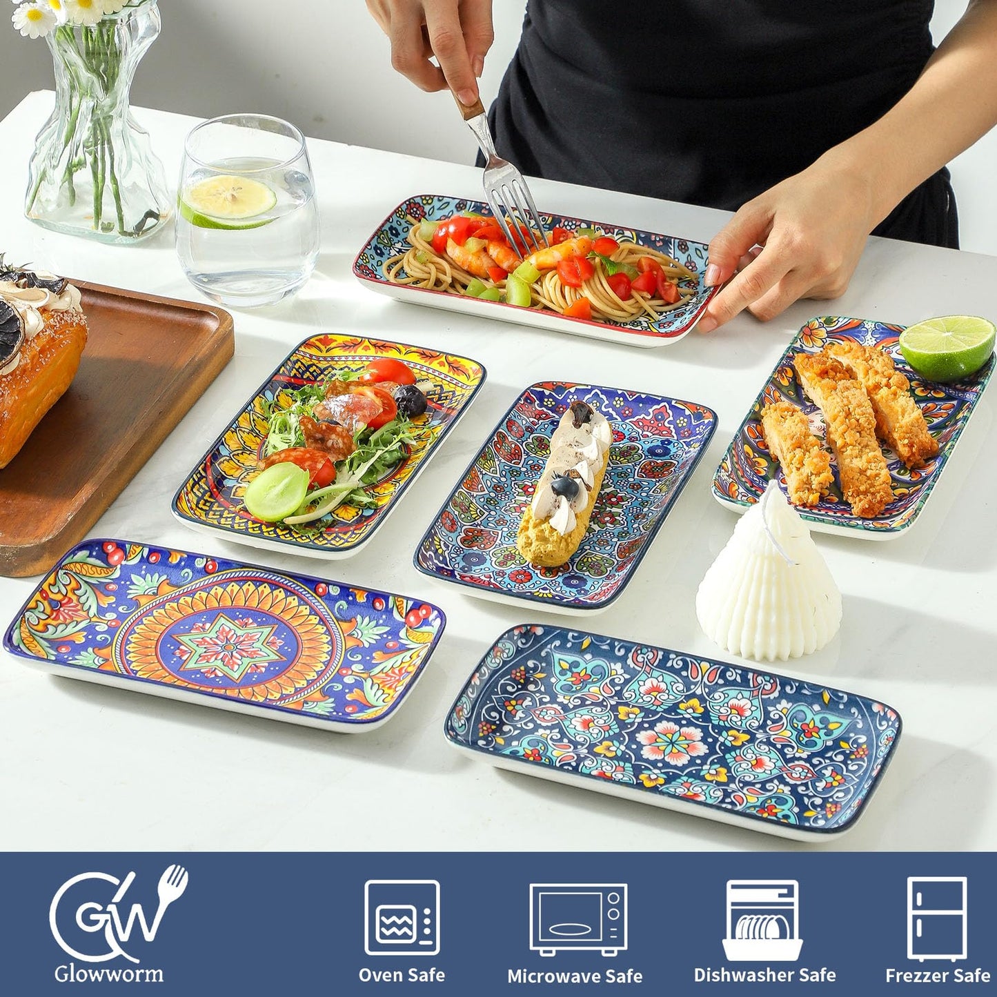 glowworm Porcelain Appetizer Plates Set of 6, 8.5 Inch Salad Plates for Sushi, Dessert, Rectangular Serving Platters, Serving Tray for Party, Kitchen, Microwave & Oven Safe, Bohemian