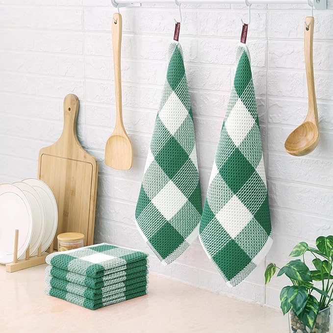 Homaxy 100% Cotton Waffle Weave Check Plaid Dish Cloths, 12 x 12 Inches