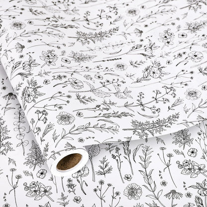 FYSUIMU Vintage Wildflower Wrapping Paper Mini Roll 17 In x 32.8 Ft Spring Black White Floral Gift Wrap Botanical Flower DIY Art Crafts Paper for Wedding Baby Shower Birthday Holiday Party
