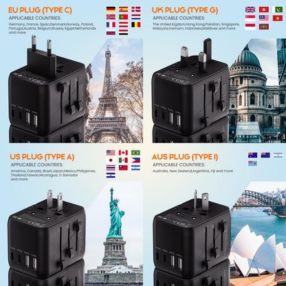 Bigfish Universal Travel Adapter, Worldwide Travel Plug Adapter with 2 USB A and 2 USB C, Dual 10A Fuses All In One International Travel Adapter - EU UK US AUS Plugs