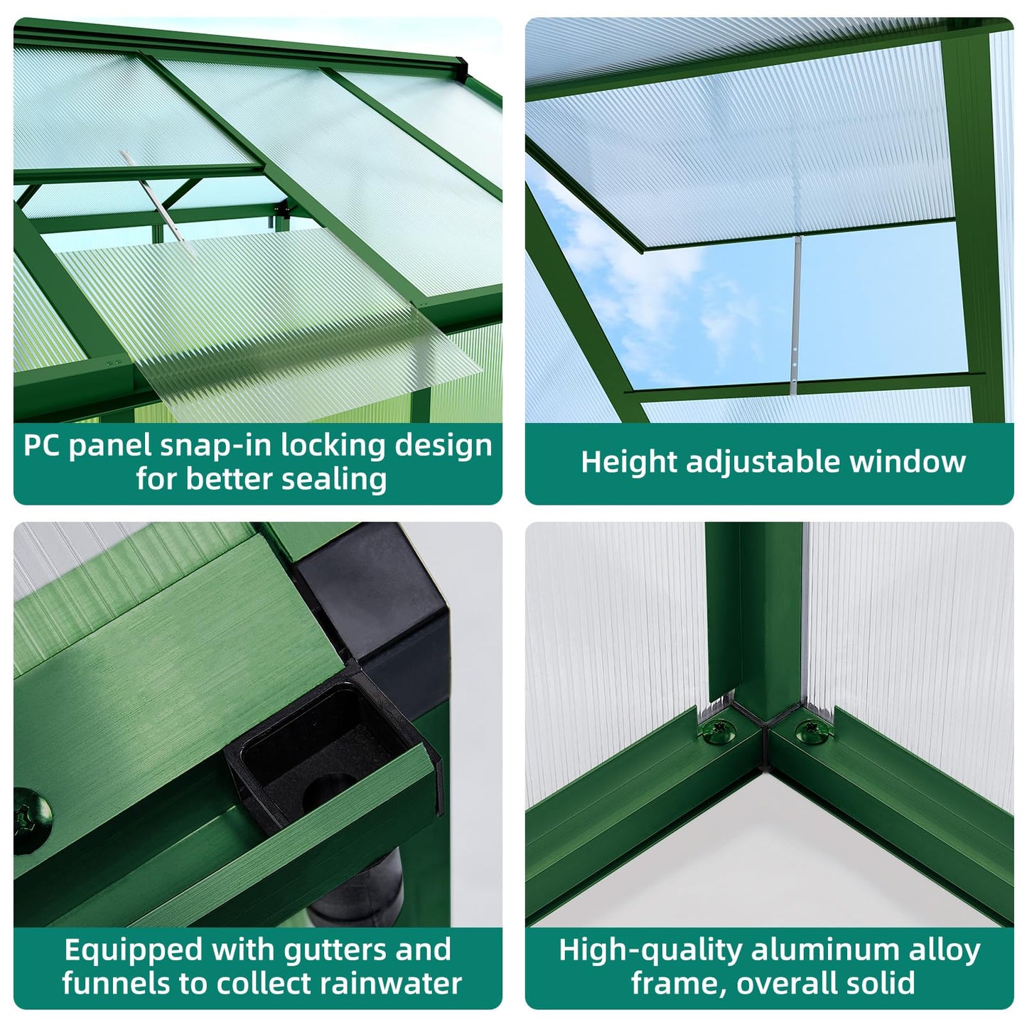 GAOMON 6 x 8 ft Greenhouse for Outdoor with Sliding Door, Green House with Polycarbonate Panel & Ajustable Roof Vent & Ground Nails, Walk-in Aluminum Greenhouses for Garden, Patio
