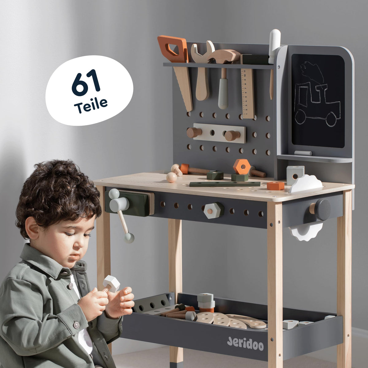 JERIDOO Kids Wooden Workbench, 61-Piece Tool Bench Set with Saw, Hammer, Spanner, Screwdriver, Nuts and Bolts, Chalkboard, Safety Goggles and Gloves, Construction Toy, Pretend Play, Boys, Girls Age 3+