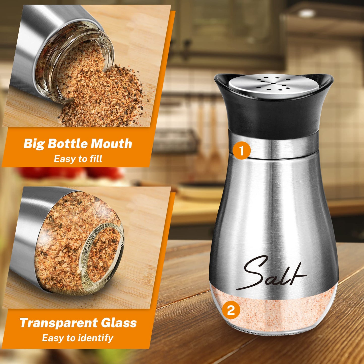 Salt and Pepper Shakers Set with Holder,4 oz Stainless Steel Salt Shaker with Glass Bottom Kitchen Gadgets for Counter Modern Decor Table,RV,Camp,BBQ Refillable Design (Silver)
