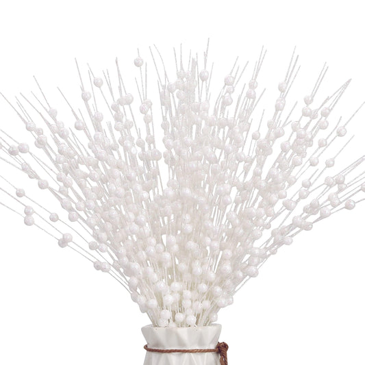Megoogo 12 PCS Artificial Glitter Berry, White Christmas Glitter Picks Artificial Berries Stems for Christmas Ornaments Fake Sticks for Vases Tall DIY Wreath Home Decor (15.8’’)