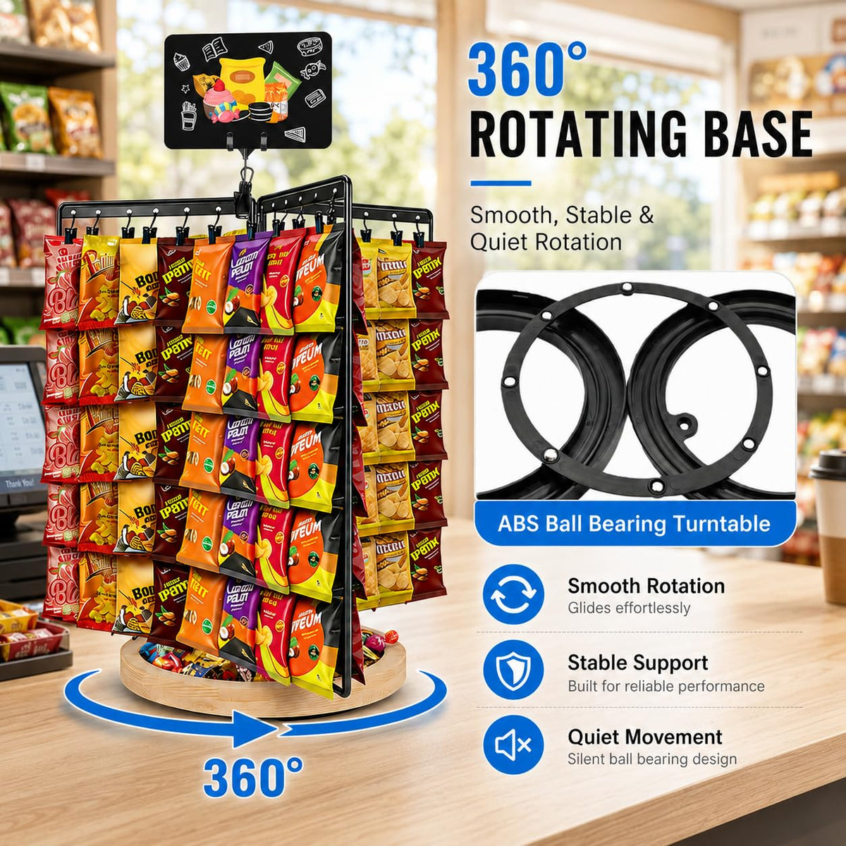 Chip Rack Display Stand, 360° Rotating 6-Sided Chip Holder Display for Countertop with 75 Adjustable Clips, Wooden Base Tray, DIY Message Board & Pen, Snack Display Rack for Concession Stand, Retail, Office, Parties