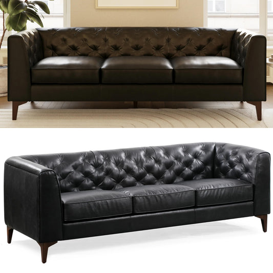 POLY & BARK Essex 89” Full-Grain Italian Leather Sofa – Tufted Back, Feather-Down Comfort, Solid Wood Frame, Onyx Black