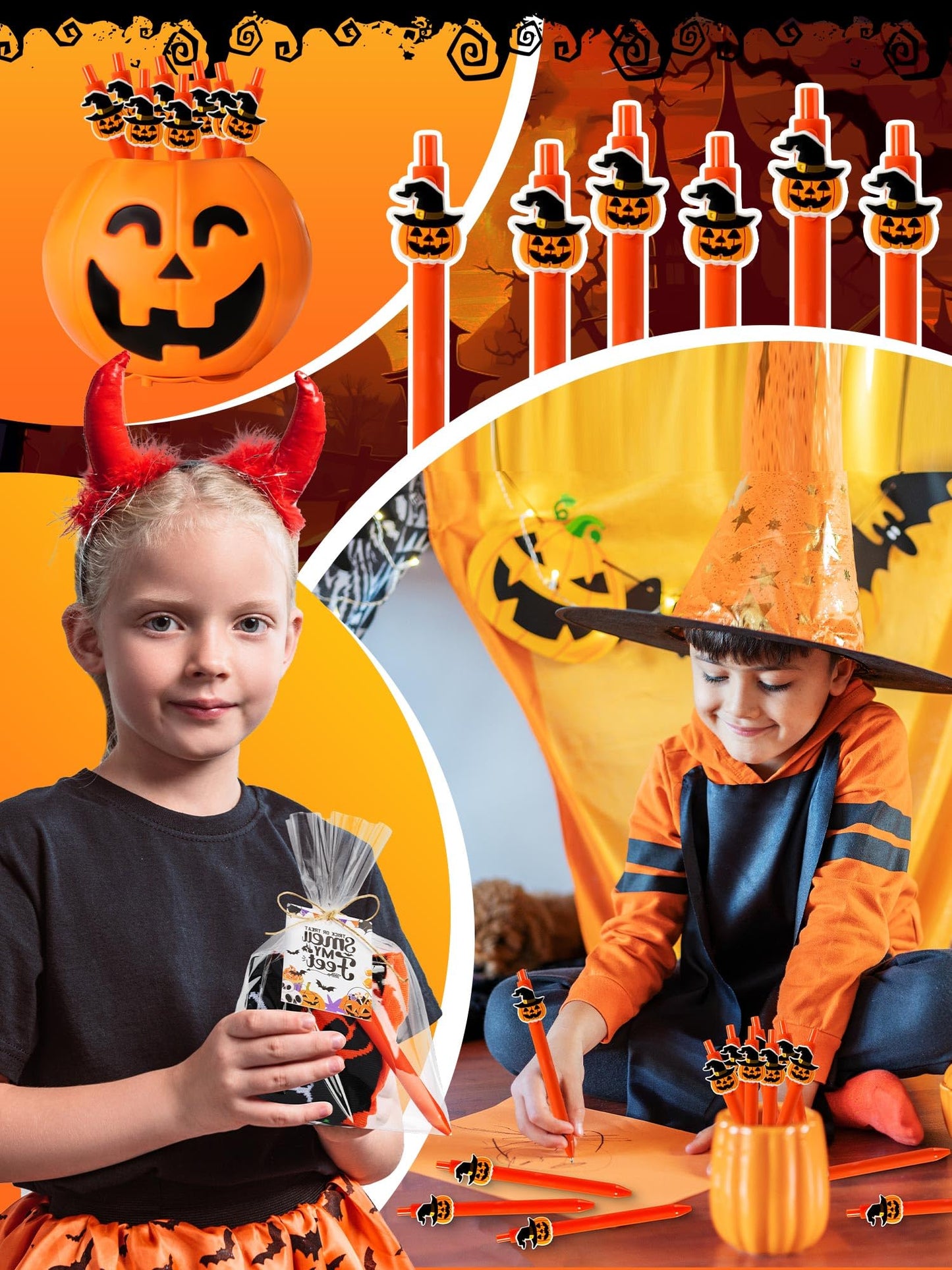 Chicingyou 12 Sets Halloween Socks and Pens Gifts Set Pumpkin Sock Halloween Ballpoint Pen Card Party Favor Bag for Holiday