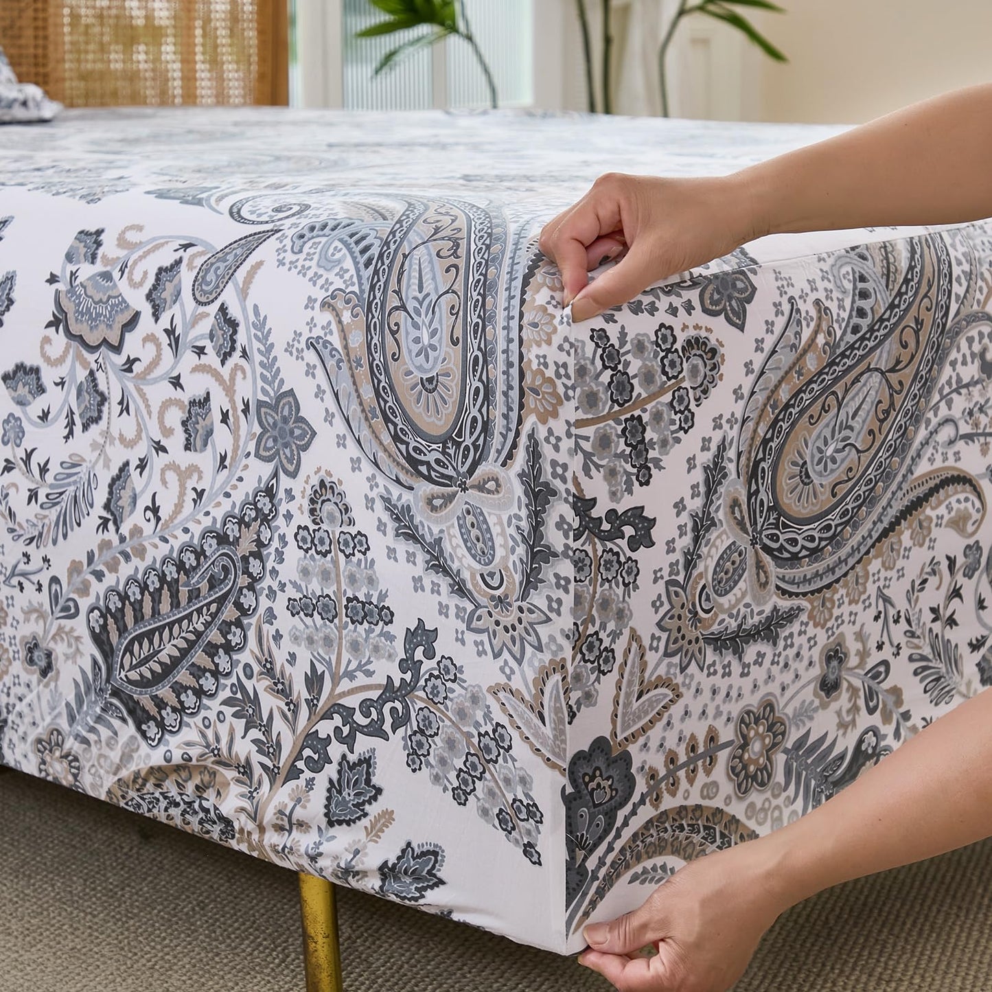 Cozaline 100% Cotton Sheet Set Queen Size – 4-Piece Luxury Grey Paisley Bedding Set, Extra Soft Breathable Percale Weave, Deep Pocket Fitted Sheet 17.5", Crisp Cool Feel Bed Sheet