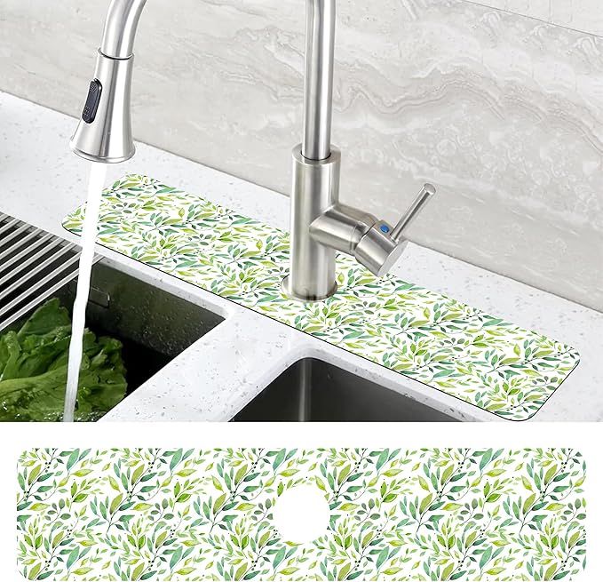 Tropical Eucalyptus Leaves Kitchen Sink Splash Guard Mat Absorbent Fast Drying