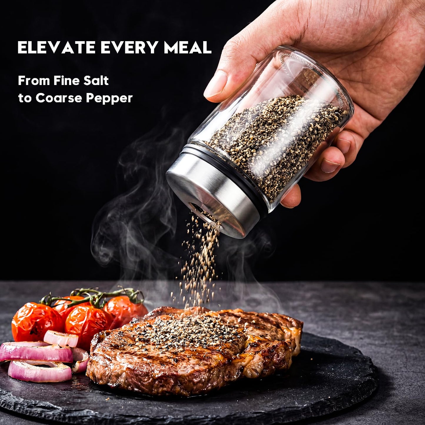 Shatterproof Glass Salt and Pepper Shakers Set Leak & Moisture Proof - 4 Adjustable Holes Precision Control - 5oz Borosilicate Glass Sugar & Spice Jars with Stainless Lid, Wide-Mouth, Dishwasher Safe