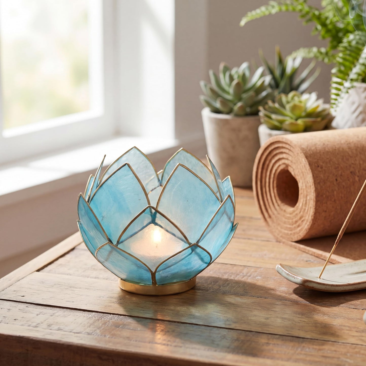 Blooming Lotus Capiz Shell Tealight Candle Holder, Handcrafted Decorative Tea Light Candleholder with Translucent Flower Petals for Ambient Illumination and Natural Elegance, Aquamarine