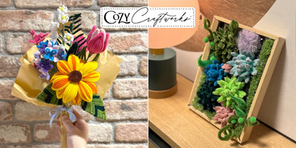 WeVeel Cozy Craftworks Chenille Stem Flower & Succulent Craft Kit for Adults – Create a Wildflower Bouquet and Succulent Box Garden – Relaxing DIY Botanical Arts & Crafts Set